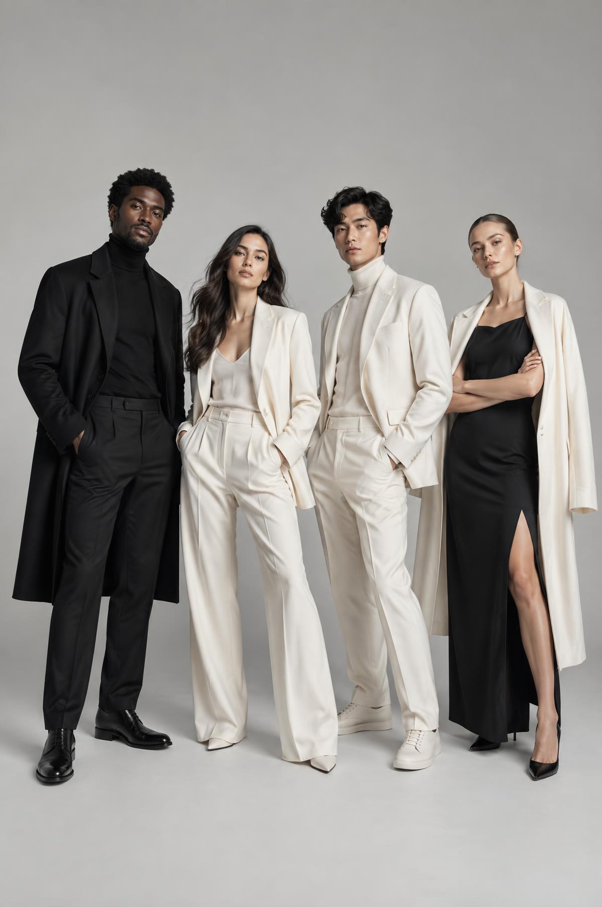 A diverse group of Zurka fashion models in monochrome tailoring